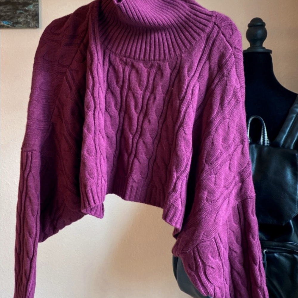 Elegant Cable Knit Turtleneck Sweater - Rich Purple